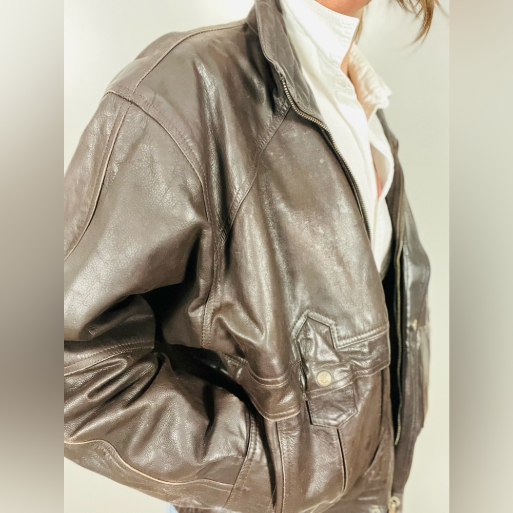 Vintage Dark Brown Leather Bomber Jacket